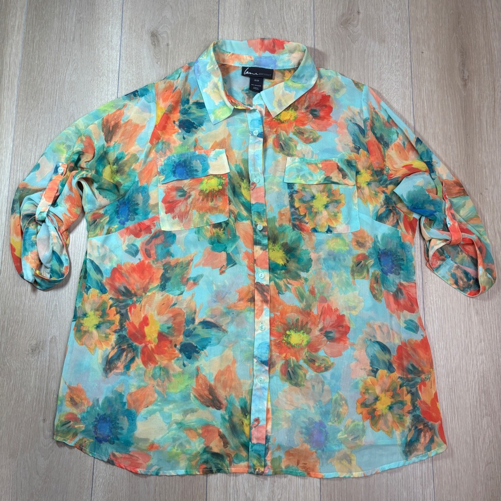 Lane Bryant Floral Button Down Sheer Blouse Blue Orange Roll Tab Sleeve 18/20